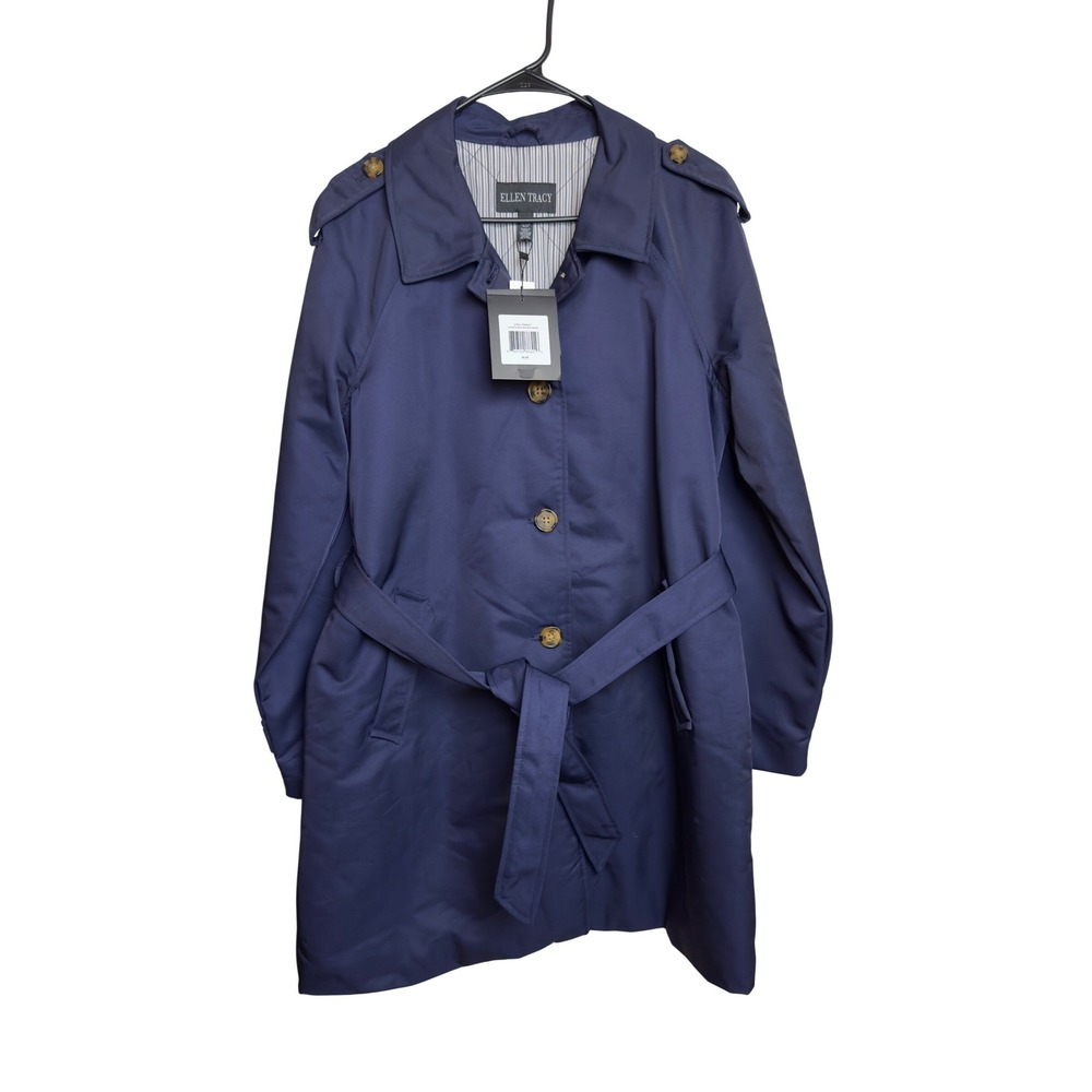 Ellen Tracy Women's Med Navy Blue Coated Gab Trench Coat Belted Button Front NWT